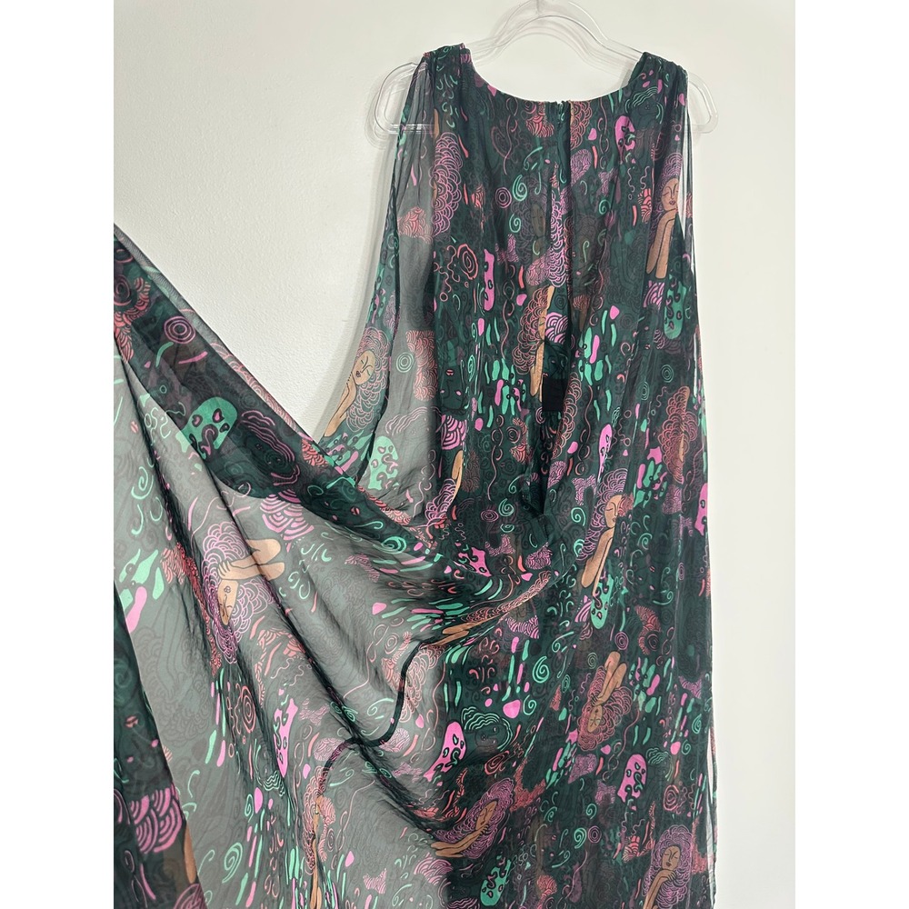 Unique Vintage Psychedelic Capelet Sleeveless Maxi Dress XL 14 Green Whimsigoth - Picture 10 of 13